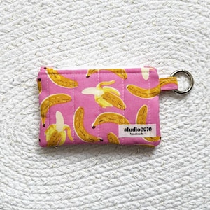 Bananas On Pink Quilted Keychain Wallet | Handmade Zipper Pouch, Cosmetic Pouch, Mini Wallet, Keychain Wallet, Cute Gift, Card Holder Wallet