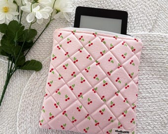Handmade Quilted Padded Kindle/Ipad Mini Sleeve with Zipper, Tablet, E-reader || Pink Cherry Fabric
