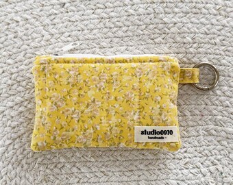 Yellow Roses And Hearts Quilted Keychain Wallet | Handmade Cotton Zipper Pouch