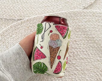 12oz Insulated Soda Can Sleeve – Flamingo Watermelon Fabric Cozy