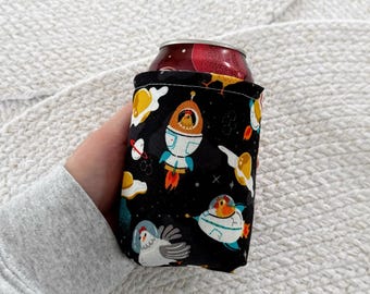 Insulated 12 oz Soda Can Cozies Sleeve - Chickens And Spaceships || Handmade, Christmas Gift,Fabric Sleeve, Soda Lover Gift