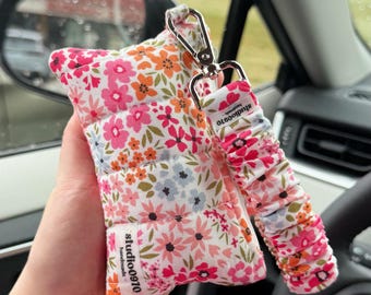 Padded Keychain Walled And Scrunchie Wristlet, Cotton Key Fob, Coin Pouch || Floral On Pink