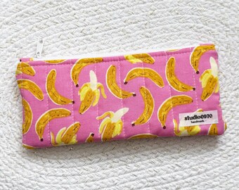 Handmade Bananas On Pink Quilted Zipper Pouch | Pencil Case