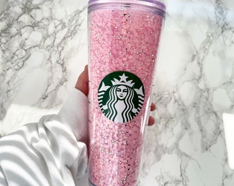 Pink Heart Rhinestone Filled Tumbler | Reusable Cup with Hearts