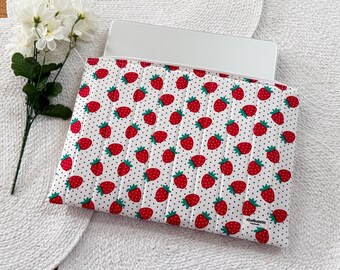 Handmade Quilted Padded Laptop Sleeve with Zipper || Strawberries & Dots On White