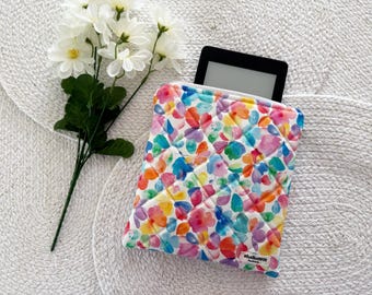 Handmade Quilted Padded Kindle Sleeve with Zipper, Book Pouch, E-reader Cover || Multicolor Floral