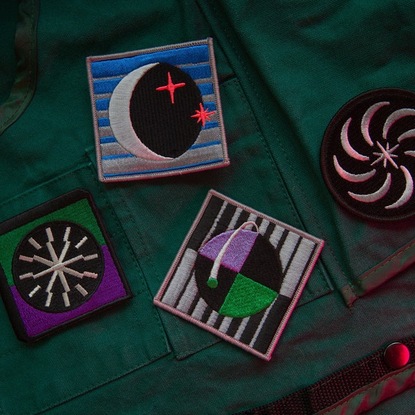 Galactic Patch Set / Medium Black Hole Dark Moon Space Embroidered Dark Edgy Art Neon Round Square / Acid Colorful Black White / cindykate