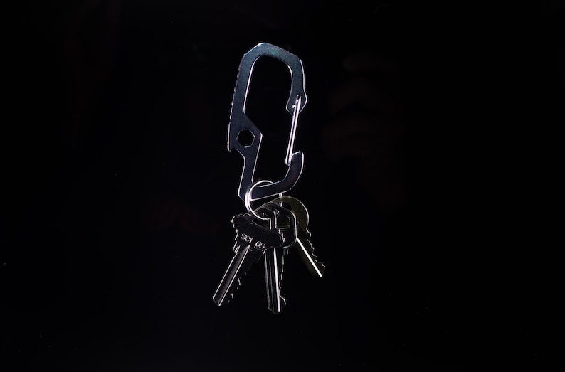 Op de afbeelding: Een zilveren sleutelhanger met een multifunctionele karabijnhaak en verschillende sleutels eraan bevestigd.