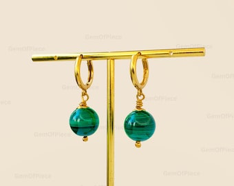 Natural Malachite Earrings, 24K Gold, Malachite Huggie Earrings, Malachite Gold Hoop Earrings, Malachite Jewelry, Malachite Dangle Earrings,