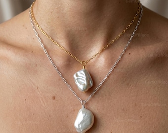 Minimalist Freshwater Pearl Necklace, Wedding Necklace, Mother Of Pearl Necklace, Bridal Jewelry, Bridesmaid Gift for Her, Gift for Mom,