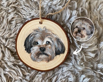 Custom Dog Portrait: Hand-Painted Wood Slice Christmas Ornament