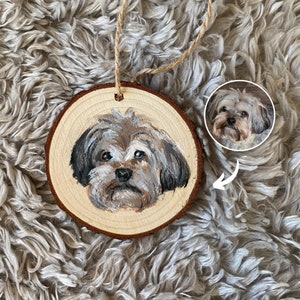 Custom Dog Portrait: Hand-Painted Wood Slice Christmas Ornament