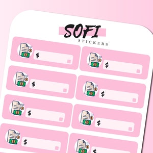 May include: A sheet of pink stickers with a white border. Each sticker features a cartoon illustration of a document with a dollar bill and a coin flying out of it. The text "SOFI STICKERS" is at the top of the sheet.