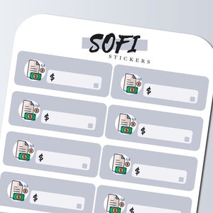 May include: A sheet of 10 printable stickers featuring a cartoon illustration of a document with a dollar bill and coin flying out of it. The stickers are designed for use with a planner or journal.