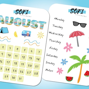 May include: A set of summer-themed stickers featuring a calendar for August, a palm tree, sunglasses, a watermelon, a lemon, a sun, a flower, an umbrella, and a camper van. The stickers are designed in a cartoon style with bright colors.