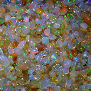 Op de afbeelding: Een close-up van een verzameling opalen. De opalen hebben verschillende vormen en maten, met een melkachtige witte basiskleur en iriserende flitsen van groen, blauw, oranje en geel. De edelstenen zijn verspreid, waardoor een textuurrijke en kleurrijke weergave ontstaat.