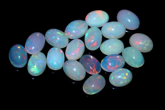 Ethiopian Opal Gemstone Lot: Multi Fire Oval Cabochons, 7x5MM opal october birthstone