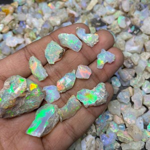 May include: A collection of raw opal gemstones in various sizes and shapes. The opals are a milky white colour with flashes of iridescent green, blue, and orange.