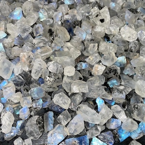 May include: A pile of raw, uncut moonstone crystals. The stones are primarily clear and translucent, with flashes of blue and iridescent color. Some stones have dark inclusions. The crystals vary in size and shape.