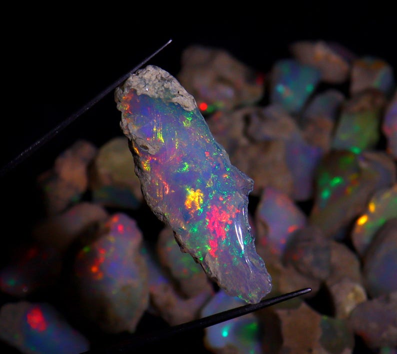 May include: A colourful, raw opal gemstone, displaying red, green, and yellow hues, is held by tweezers against a dark backdrop. Other rough opal stones are visible in the background.