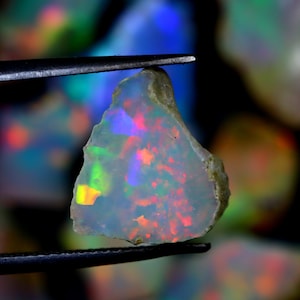 May include: A rough, iridescent opal gemstone with a white base and flashes of green, blue, red, and yellow. The opal is held by tweezers.