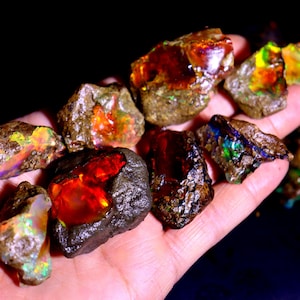 Lotto grezzo di opale di Welo etiope: campioni di cristallo di opale di fuoco naturale in esposizione