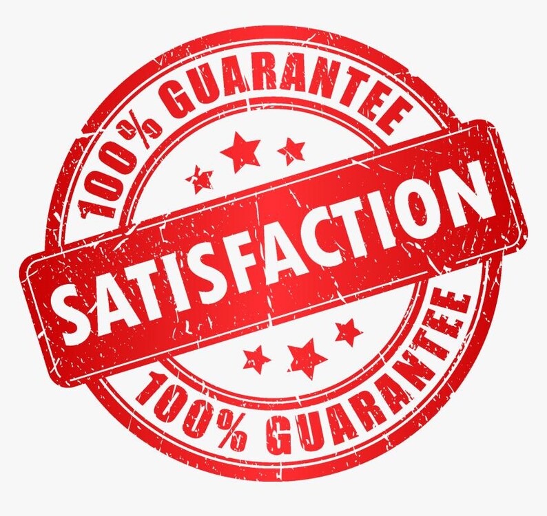May include: Red and white distressed circular stamp with the text "100% Guarantee" and "Satisfaction" in the centre.