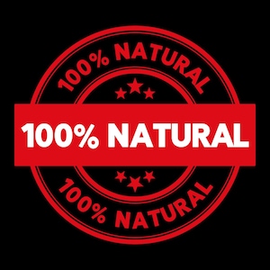 May include: Red and white circular stamp with the text "100% NATURAL" repeated three times. The stamp has a black background and three white stars.