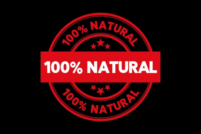 May include: Red and white circular stamp with the text "100% NATURAL" repeated three times. The stamp has a black background and three white stars.