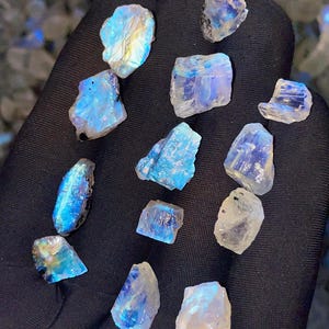 May include: A collection of raw moonstone crystals, displaying a range of blue, white, and iridescent colors. The gemstones are irregularly shaped and vary in size, with a shimmering, translucent quality. The crystals are held against a dark background.