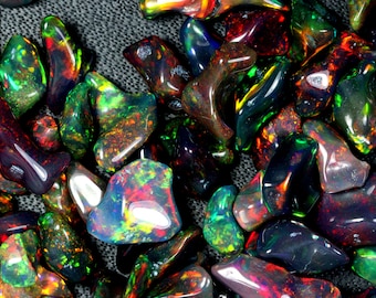 Multi Fire Black Opal Gemstone Lot: Ethiopian Polished Rough Opals (4x3-10x7MM)