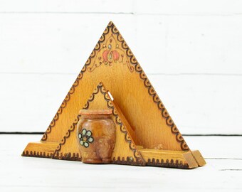 Vintage Bulgarian Wooden Napkin Holder with Pyrography