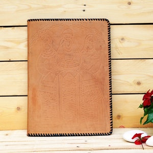 Vintage carpeta de cuero hecho a mano en relieve cuero libro cubierta de lujo Oficina Organizador tarjetas / Notas carpeta