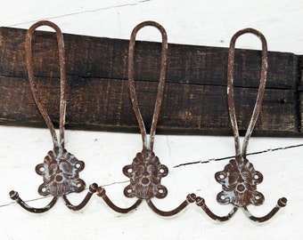 Antique Iron Coat Rack Hooks: Set of 3 Rustic Metal Hangers