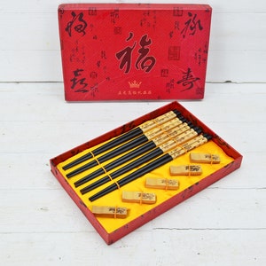 Vintage Chinese Chopsticks Holders Serving Set, Chinese Chopsticks Set with Original Box