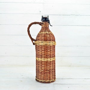 Antique Wicker Demijohn, Vintage Wicker Bottle With Handle, Rustic Decor Rattan, Wine Wicker Bottle