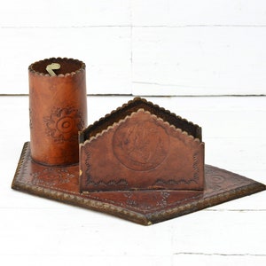 Vintage Leather Pencil Cup Holder: Handmade Desk Organizer