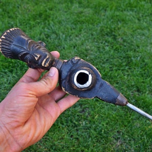 Vintage Pipe, Wooden Pipe, Shaman Wooden Tabacco Pipe and Clay with Handmade Indian, Vintage Hand Carved &quot;Indian Head&quot; Pipe