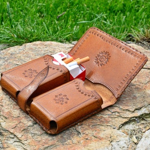 Caja de cigarrillos doble vintage, caja de cuero genuino hecha a mano