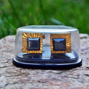 Vintage brass cufflinks, Old cufflinks in original box, Cufflinks with black stone, Unused
