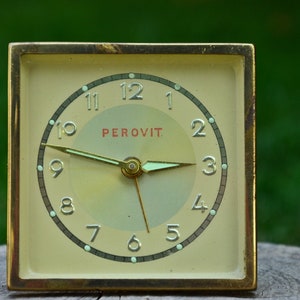 Vintage Perovit German Mechanical Alarm Clock – Brass Desk Clock 8×8 cm