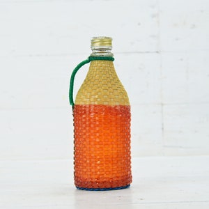 Vintage Small Decorative Bottle, Handmade Bottle of Colored Plastic Fringe, Souvevir Glasses Bottle