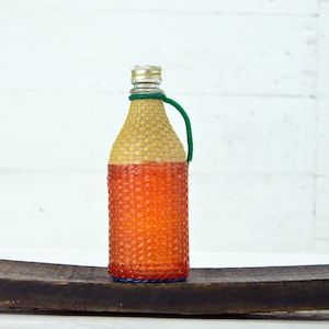 Vintage Small Decorative Bottle, Handmade Bottle of Colored Plastic Fringe, Souvevir Glasses Bottle