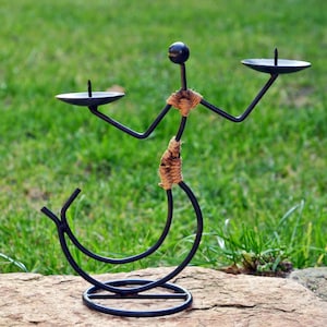 Vintage Metal Double Candle Holder: Handmade African Motif Candlestick