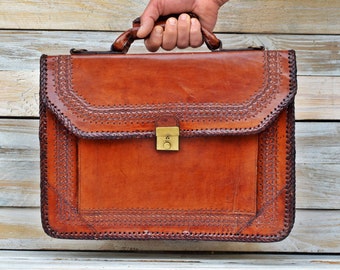 Vintage genuine leather briefcase, Handmade bag, Red-brown leather bag, Gift for Him, Men Briefcase, Unused Briefcases