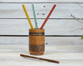 Vintage Wood Pen Cup: Hand Tooled Leather Desk Organizer