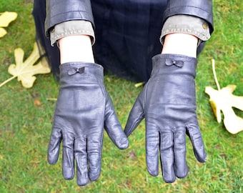 Ladies Gloves with Black Leather - Ladies gloves made of genuine leather  - Winter gloves - Vintage Ladies Gloves - Size XS - S
