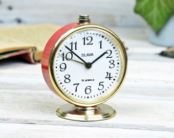 Vintage Slava 11 Jewels Mechanical Alarm Clock – Red Soviet USSR Desk Clock