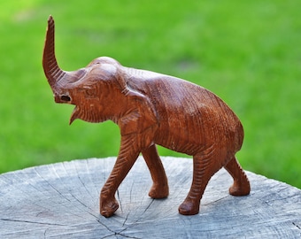 Éléphant en bois fait main vintage : décoration porte-bonheur (4,72 pouces)