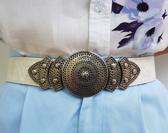 Boho Damen Gürtel Weiß Leder - Vintage Boho Metallschnalle, 86 cm, echtes Accessoire